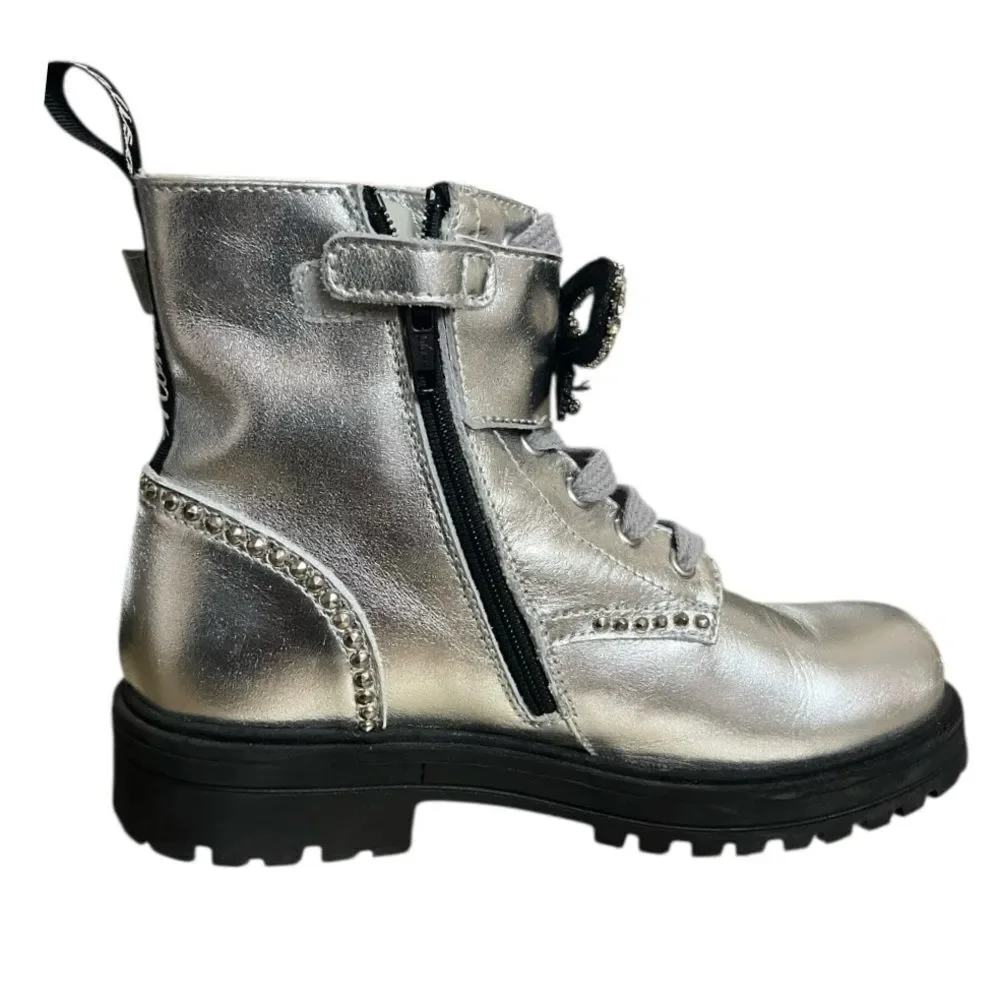 MonnaLisa Silver Combat Boots with Rhinestone Bow